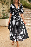 Black V Neck Printed Half Sleeves Summer Dress