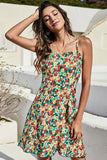 Flower Printed Spaghetti Straps Green Short Summer Dress With Ruffles