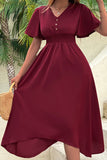 Burgundy Flutter Sleeve V-Neck Summer Dress