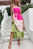 Color Contrast Spaghetti Strap Fuchsia Long Summer Dress With Belt