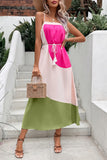 Color Contrast Spaghetti Strap Fuchsia Long Summer Dress With Belt