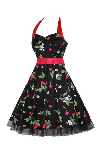 Hepburn Style Halter Tulle Black Printed 1950s Dress