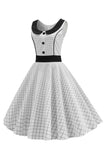 White Sleeveless Plaid 1950s Dress with Button