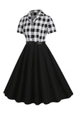 V-Neck Short Sleeves Plaid Black 1950s Dress with Belt