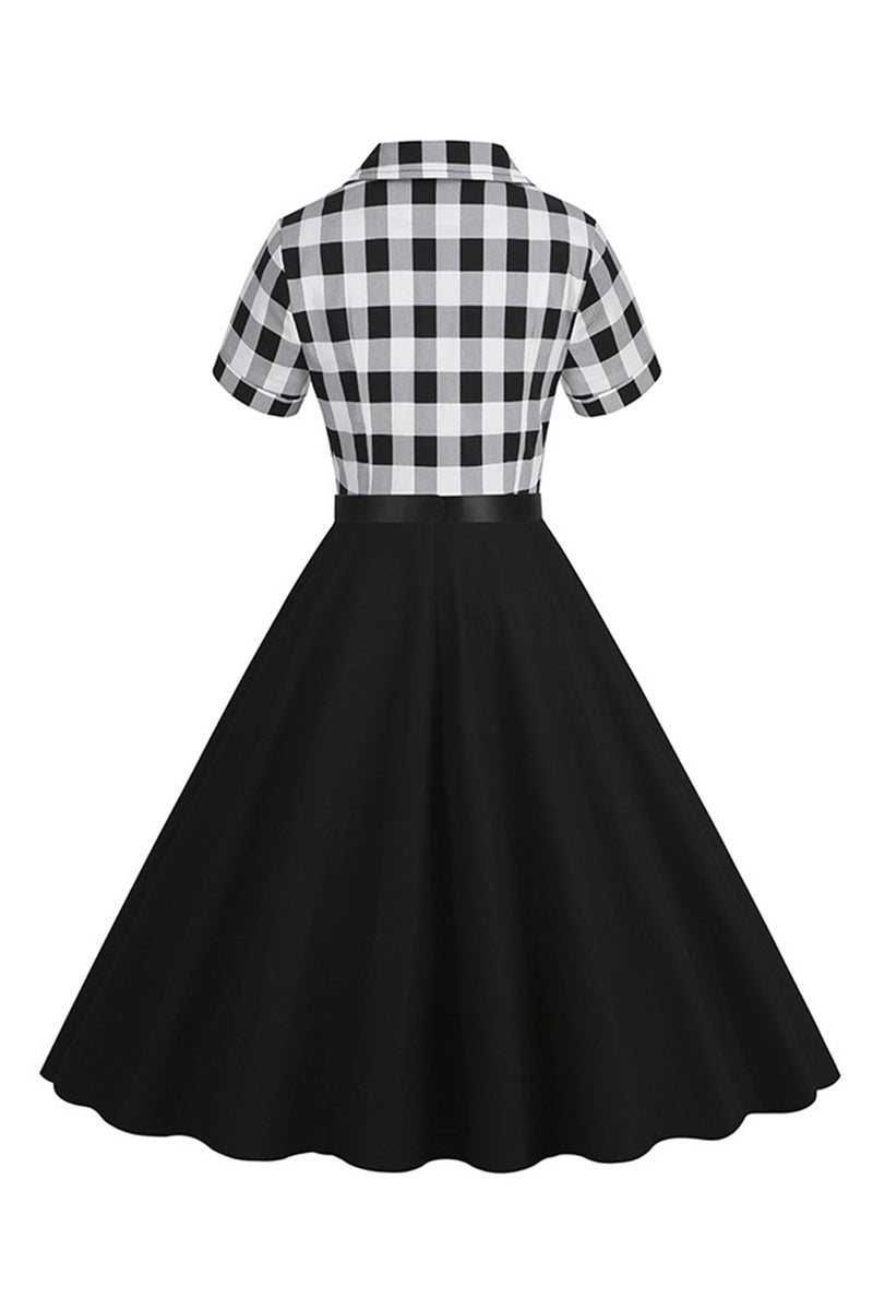 Load image into Gallery viewer, V-Neck Short Sleeves Plaid Black 1950s Dress with Belt