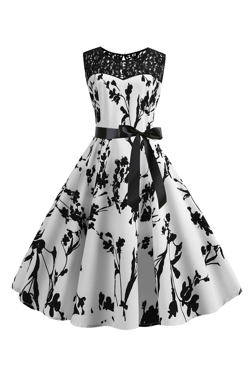 Load image into Gallery viewer, Boat Neck Sleeveless Printed White 1950s Dress with Sash