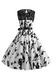 Boat Neck Sleeveless Printed White 1950s Dress with Sash