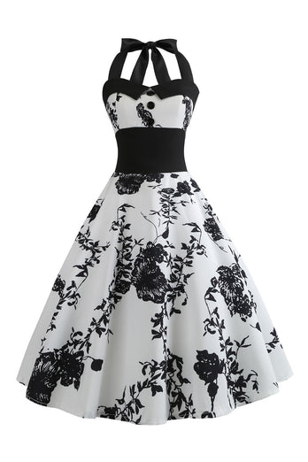 Halter Printed White 1950s Dress with Button