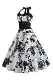 Halter Printed White 1950s Dress with Button