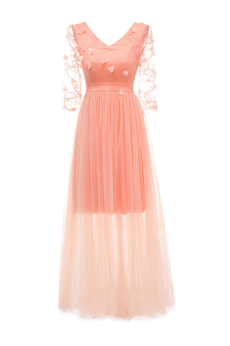 Load image into Gallery viewer, Apricot Tulle Long Sleeve Vintage Dress With Appliques