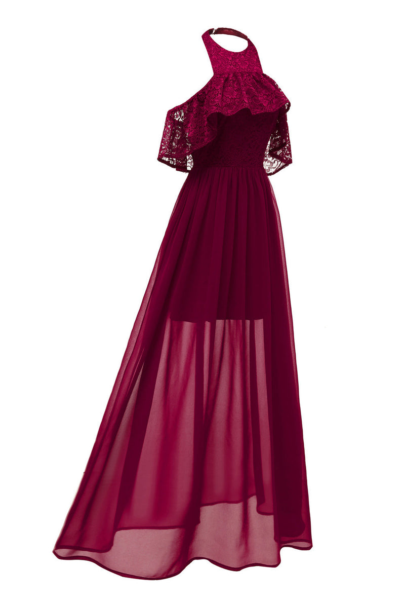 Load image into Gallery viewer, Burgundy Halter Tulle Vintage Dress With Lace