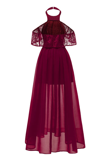 Burgundy Halter Tulle Vintage Dress With Lace