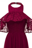 Burgundy Halter Tulle Vintage Dress With Lace