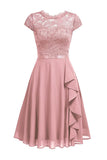 Pink A Line Lace Dress with Ruffles