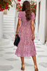 Load image into Gallery viewer, Pink Short Sleeves Floral Printed Midi Summer Dress With Ruffles