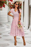 Pink Short Sleeves Floral Printed Midi Summer Dress With Ruffles