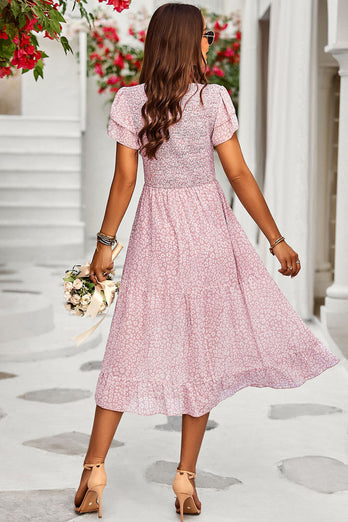 Pink Short Sleeves Floral Printed Midi Summer Dress With Ruffles
