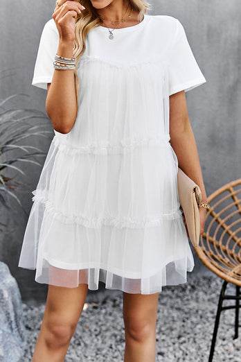 White Tulle Short Sleeves Short Casual Dress