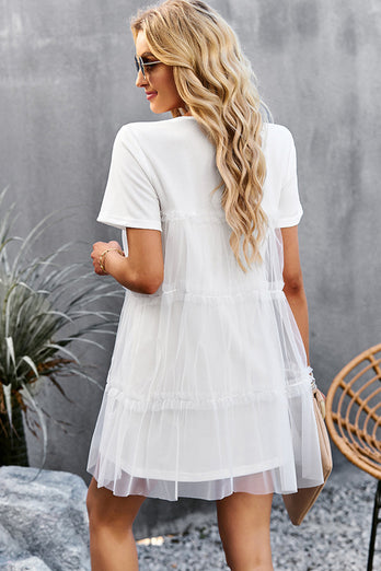 White Tulle Short Sleeves Short Casual Dress