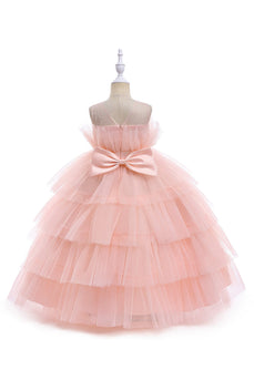 Pink Tulle A Line Flower Girl Dress with Bow