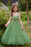 White Straplee Tulle A Line Flower Girl Dress with Bow