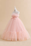 White Straplee Tulle A Line Flower Girl Dress with Bow