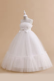 White Straplee Tulle A Line Flower Girl Dress with Bow