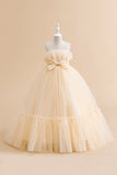 White Straplee Tulle A Line Flower Girl Dress with Bow