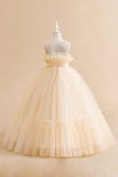 White Straplee Tulle A Line Flower Girl Dress with Bow