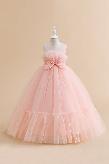 White Straplee Tulle A Line Flower Girl Dress with Bow