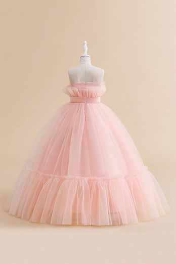 White Straplee Tulle A Line Flower Girl Dress with Bow