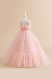 White Straplee Tulle A Line Flower Girl Dress with Bow