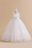 White Straplee Tulle A Line Flower Girl Dress with Bow