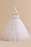 White Straplee Tulle A Line Flower Girl Dress with Bow