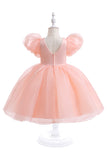 White Tulle A Line Flower Girl Dress with Puff Sleeves