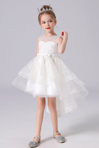 White High-low Flower Girl Dress with Bow