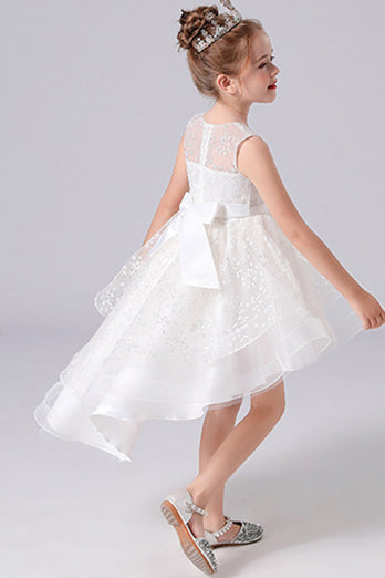 White High-low Flower Girl Dress with Bow