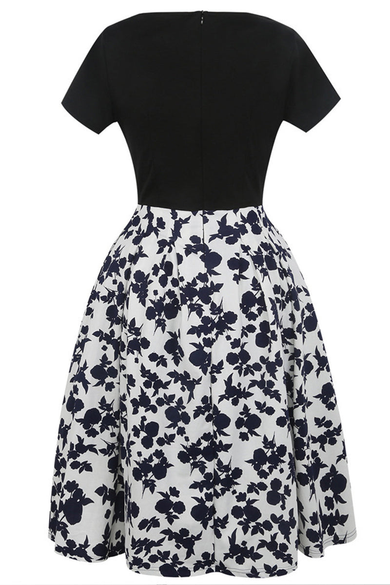 Load image into Gallery viewer, Boat Neck Printed Black 1950s Dress with Short Sleeves