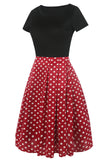 Boat Neck Printed Black 1950s Dress with Short Sleeves