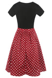 Boat Neck Printed Black 1950s Dress with Short Sleeves