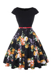 Boat Neck Flower Printed Black 1950s Dress with Belt