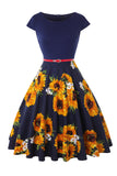 Boat Neck Flower Printed Black 1950s Dress with Belt