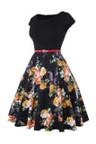 Boat Neck Flower Printed Black 1950s Dress with Belt