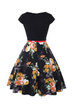 Boat Neck Flower Printed Black 1950s Dress with Belt