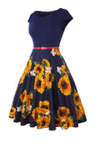 Boat Neck Flower Printed Black 1950s Dress with Belt