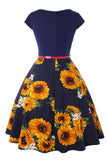 Boat Neck Flower Printed Black 1950s Dress with Belt