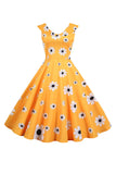 Sleeveless Printed Yellow 1950s Dress