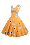 Sleeveless Printed Yellow 1950s Dress