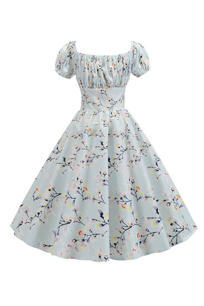 Load image into Gallery viewer, Puff Sleeves Printed Light Blue Vintage Dress