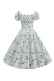 Puff Sleeves Printed Light Blue Vintage Dress